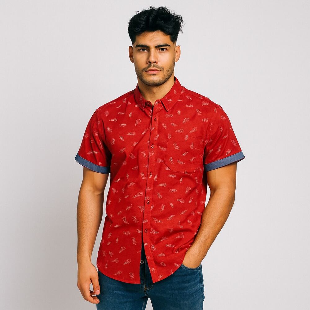 Drill Clothing‎ Co. red high top sneaker novelty print button up shirt